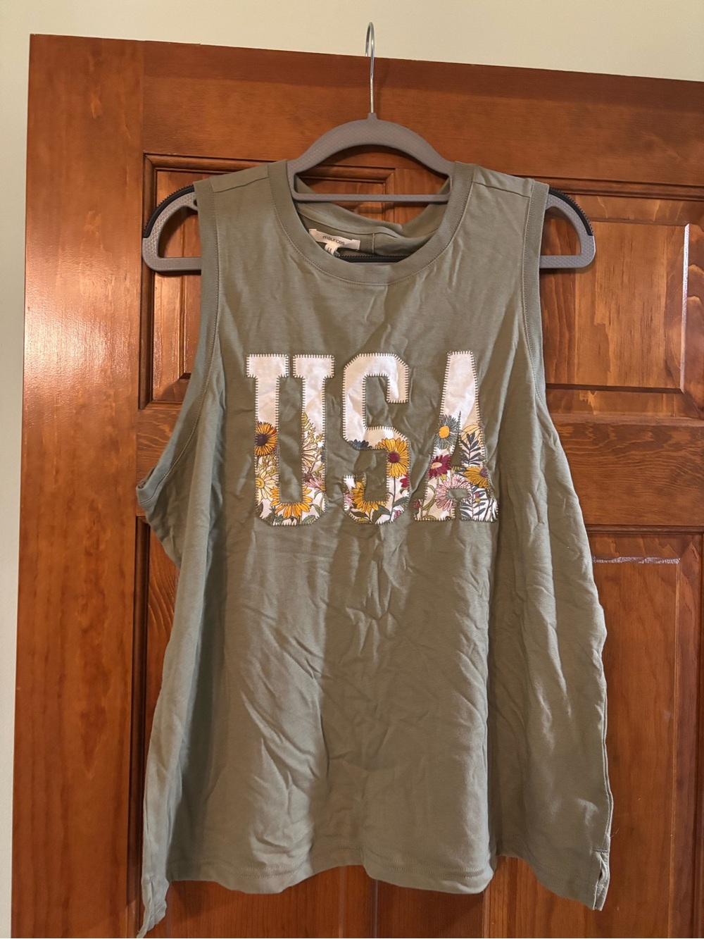 Maurices Olive Muscle Tank with USA Floral Appliqué